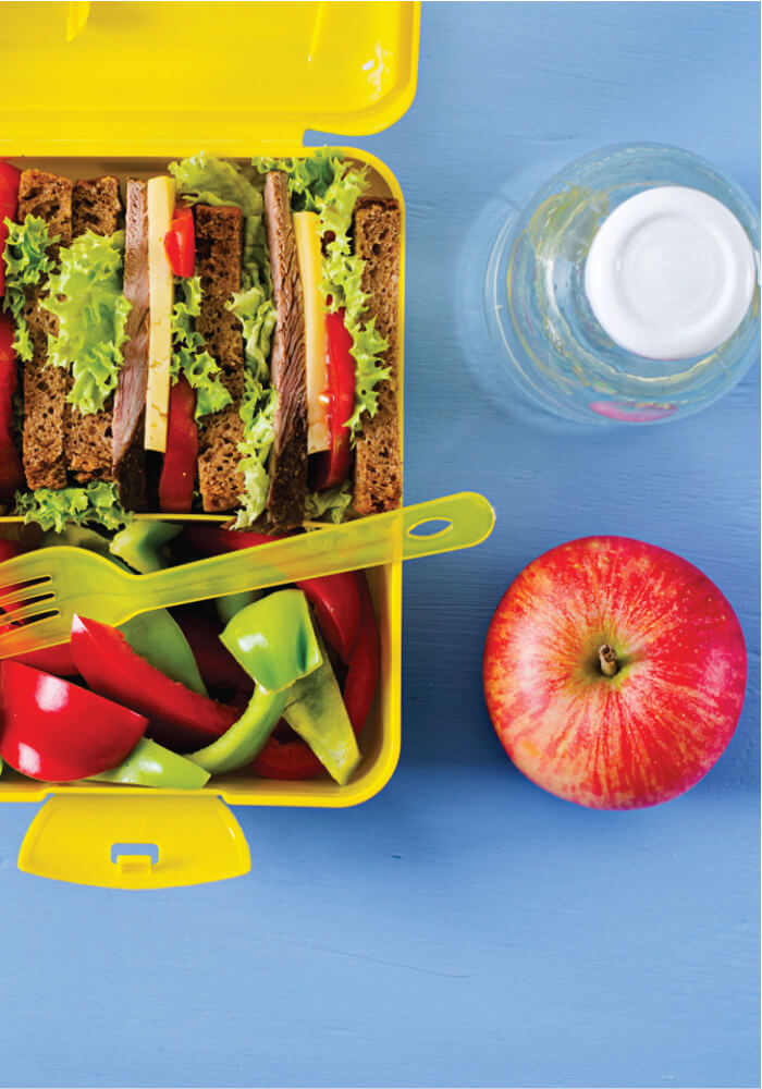 Yellow lunch box with a sandwich, fruit, and water bottle on a blue background on full-day game drives in Masai Mara