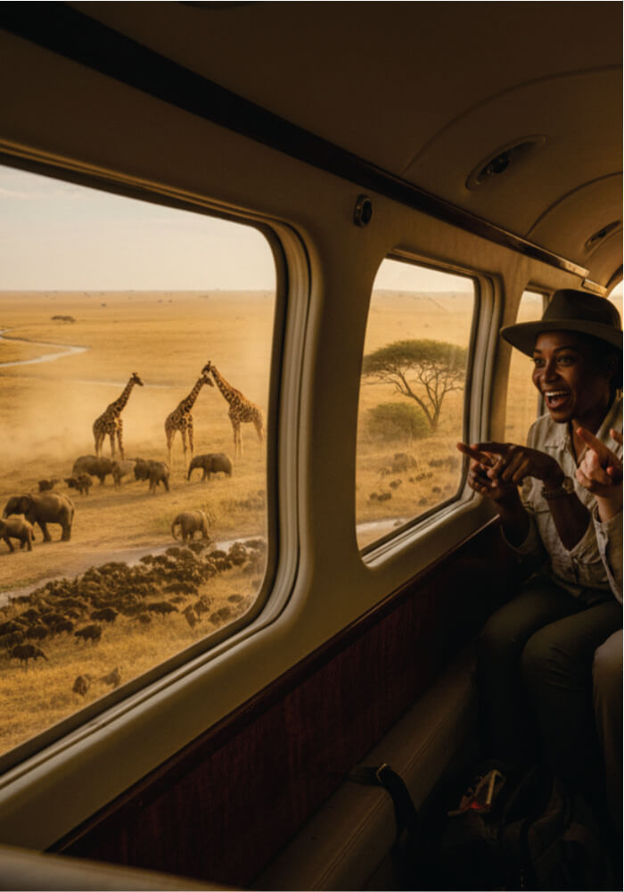 Person on an aircraft looking out at giraffes and elephants in the African savannah.
