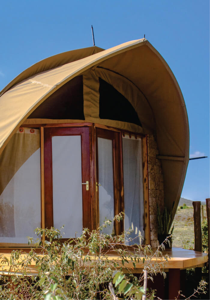 Camel-colored tent-like structure with wooden door and windows, set against a clear blue sky.