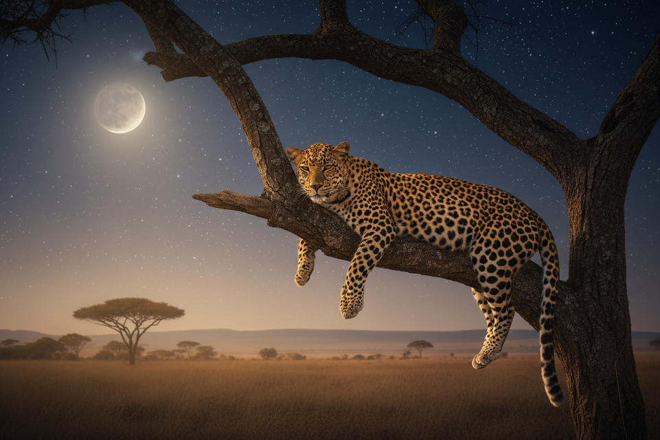 Leopard resting on an acacia tree at night in the Masai Mara