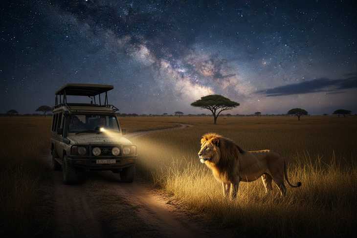 4x4 safari jeep spotlighting a lion in the Masai Mara at night
