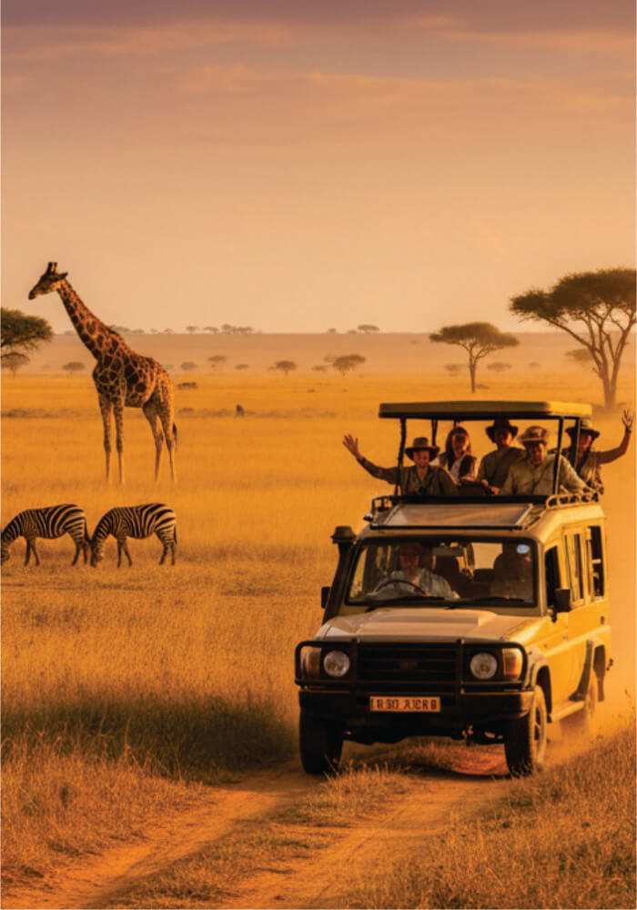 Safari vehicle with tourists on a dirt road in a grassy savannah with giraffes and zebras.