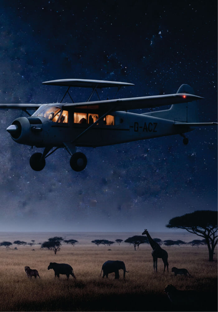 A bird's-eye view of an aircraft flying over a nighttime scene that includes giraffes, elephants, and vast fields.
