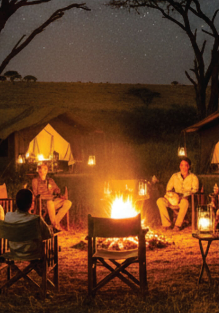 People gathered around a campfire at night under stars, with tents in the background.