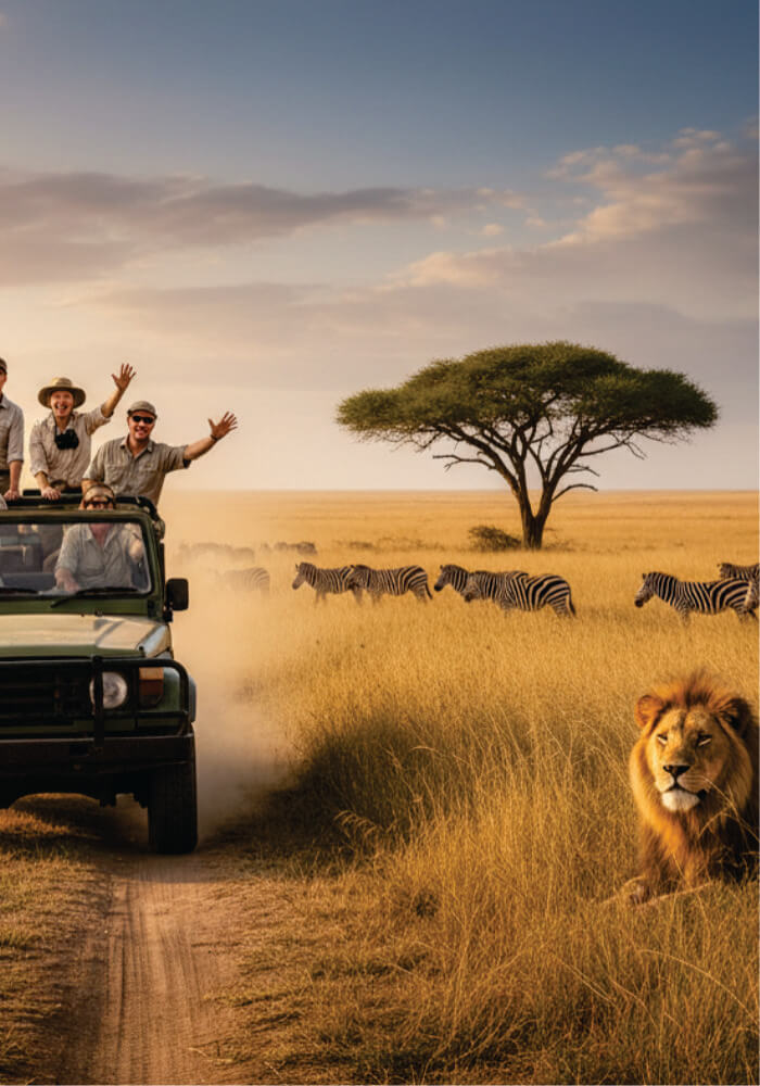 Safari scene with people in a jeep, zebras, and a lion in a grassy savannah.