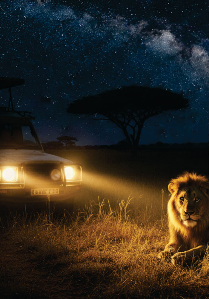 Lion in grass with safari vehicle at night under a starry sky
