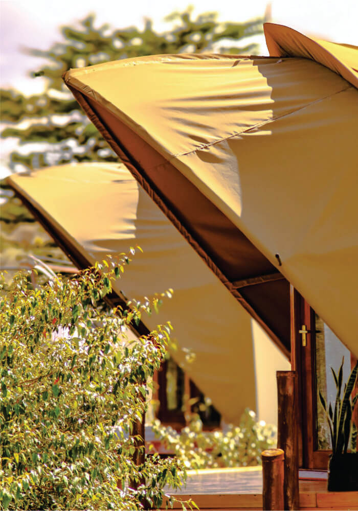 Outdoor setting with beige awnings over a wooden structure, surrounded by greenery.