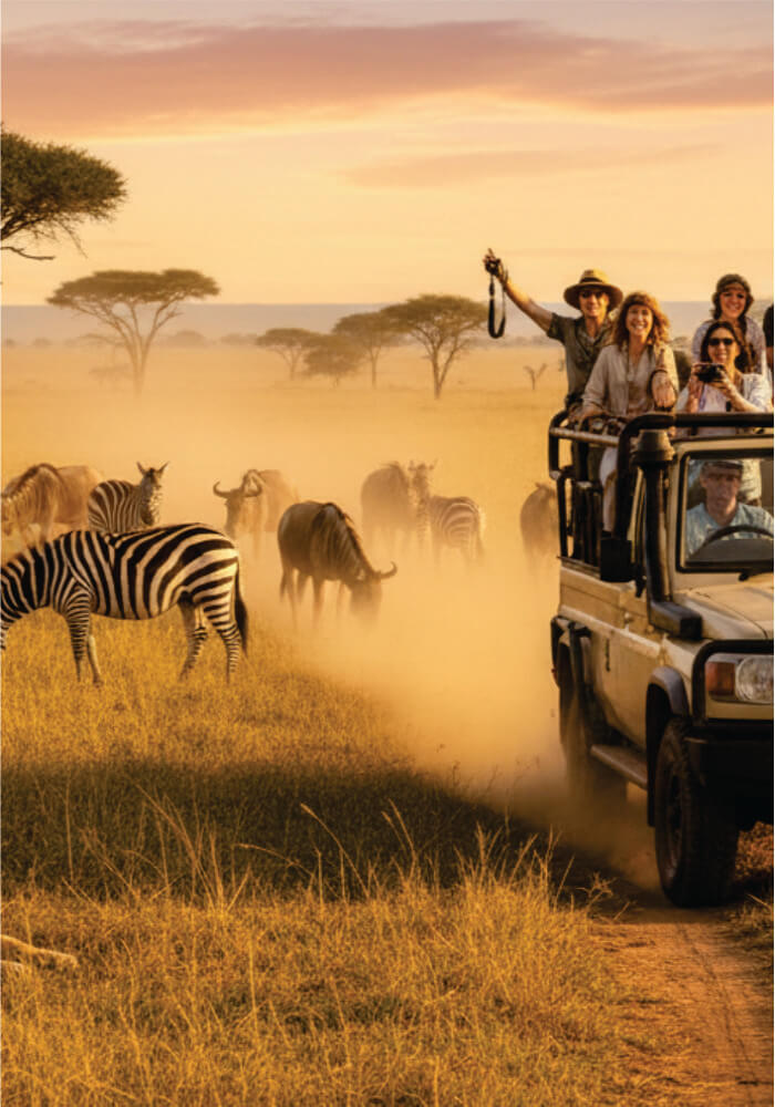 Safari scene with people in a jeep observing wildlife including zebras and elephants.