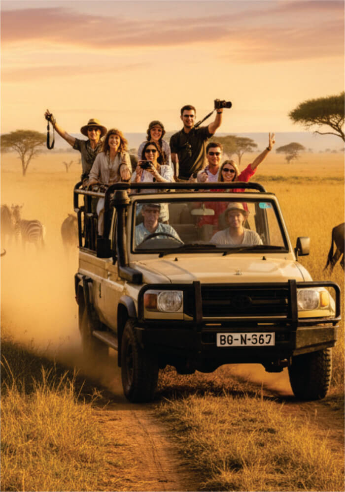 Group of people on a land cruiser safari journey in an open vehicle through a savannah landscape.