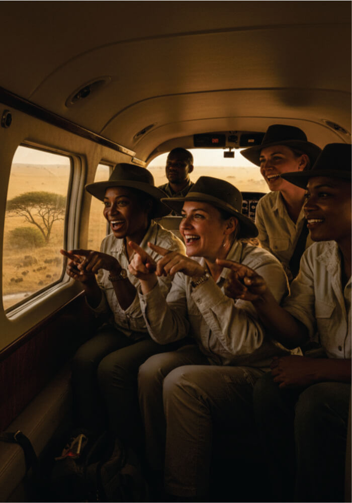 Group of people on a safari pointing out at the landscape from inside an aircraft.