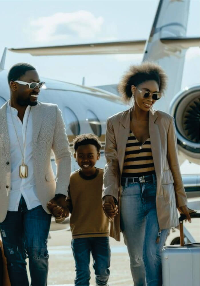 A family of three a man a woman and a child walking in the airport and holding hands together on affordable Masai Mara-Nairobi airport pick-up service.