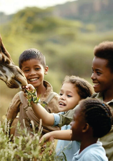 Four Kids Feeding Giraffe near trees on affordable accommodation in Masai Mara for families