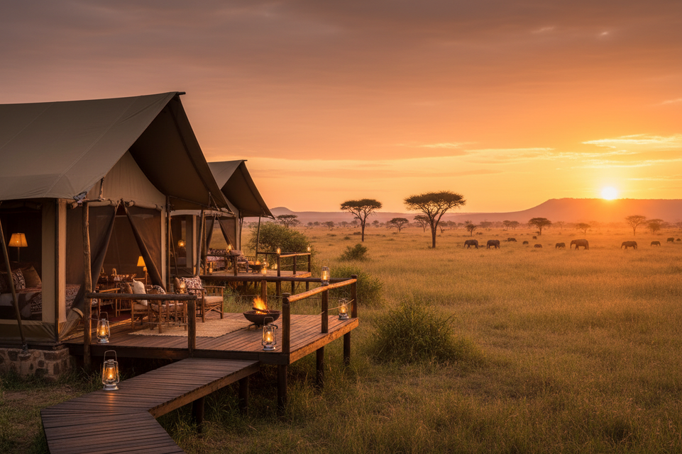 Budget luxury tented lodge overlooking the Masai Mara savannah at sunset with elephants and acacia trees