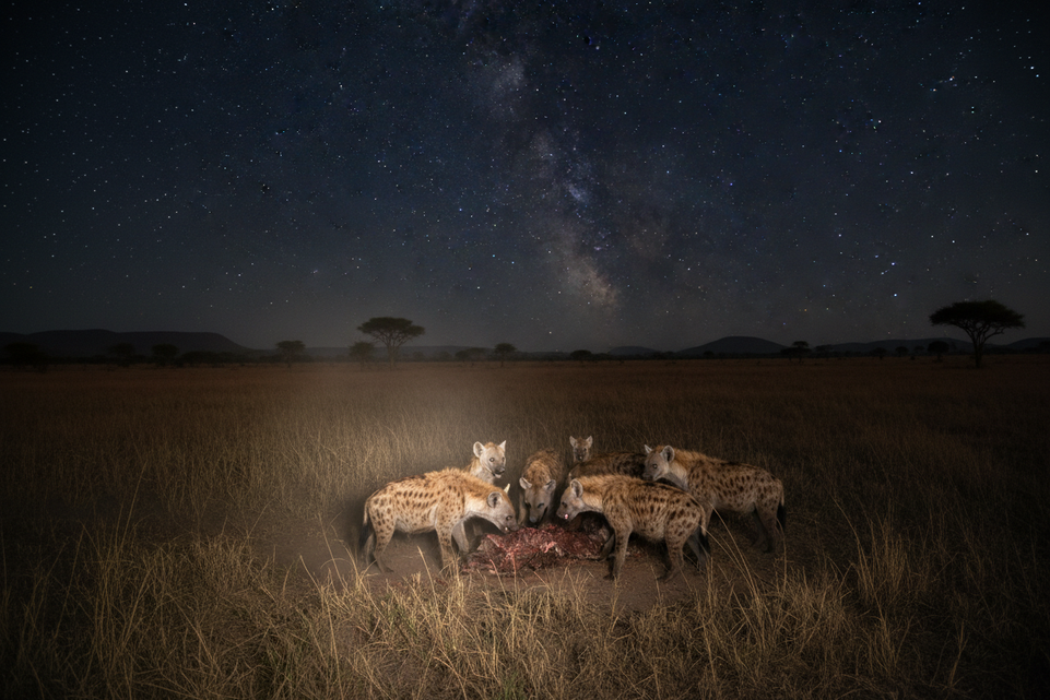 Hyenas gathered at night in the Masai Mara illuminated by safari spotlight