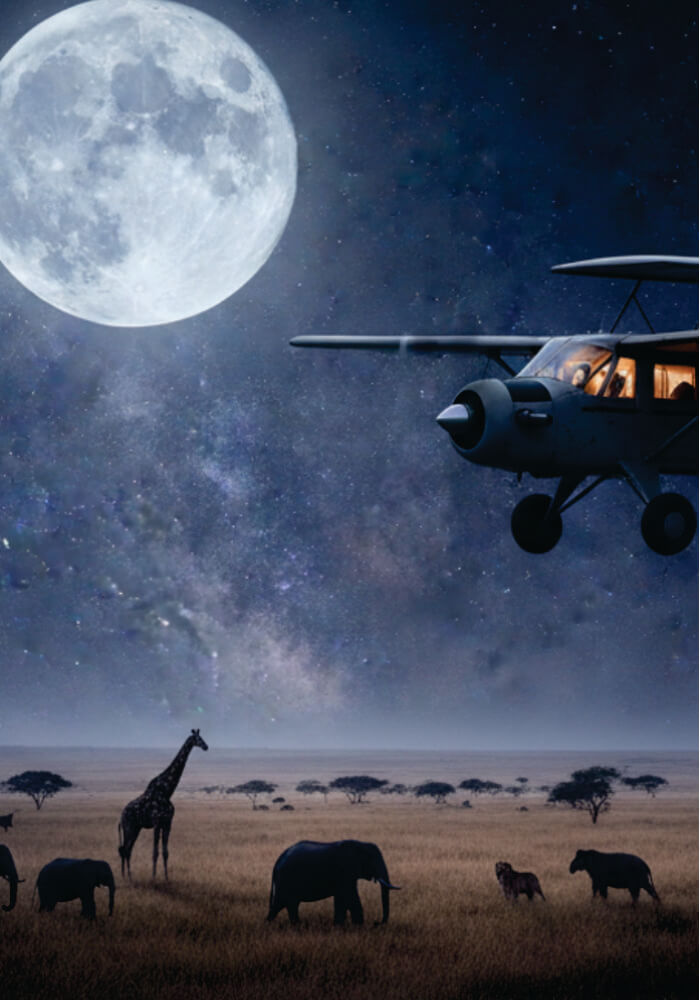 A bird's-eye view of an aircraft flying over a nighttime scene featuring giraffes, elephants, and vast fields.