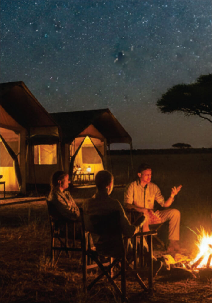 People sitting around a campfire at night under a starry sky with safari tents in the background.