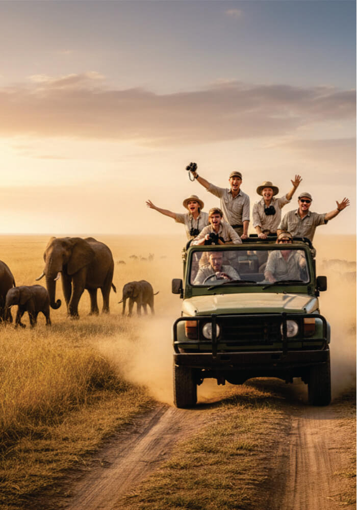 People on a safari land cruiser journey with elephants in the background
