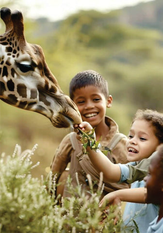 Three Kids Feeding Giraffe near trees on affordable accommodation in Masai Mara for families