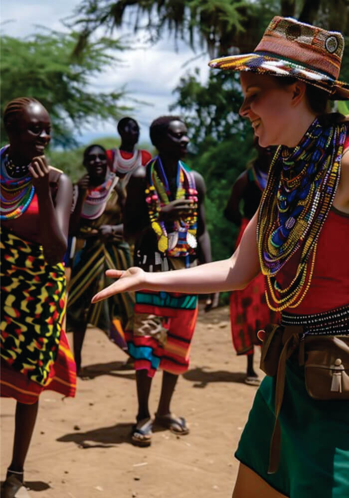 A white woman in a red robe dancing near a group of Maasai woman